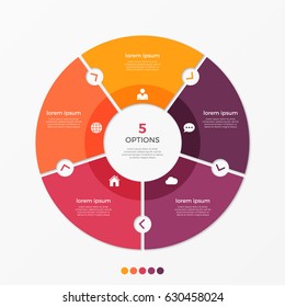 Circle chart infographic template with 5 options for presentations, advertising, layouts, annual reports. Vector illustration.