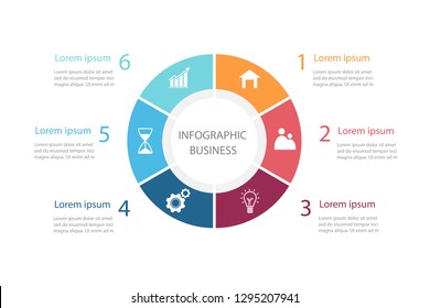 Circle Chart Infographic Template With 6 Element. Data Presentation In Business. Diagram Of Work Process For Success. Vector Illustration In Flat Design Background.