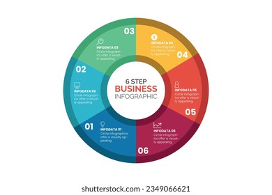 Plantilla de gráfico circular con 6 opciones para presentaciones, publicidad, diseños, informes anuales. Ilustración vectorial.