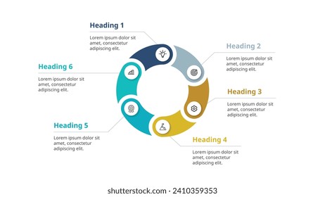 Circle chart infographic template with 6 options for presentations, advertising, layouts, annual reports. Vector illustration.