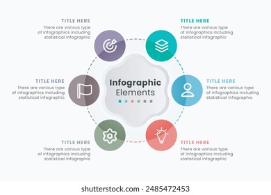 Plantilla infográfica de gráfico circular con 6 opciones para presentaciones y un Vector completo editable.