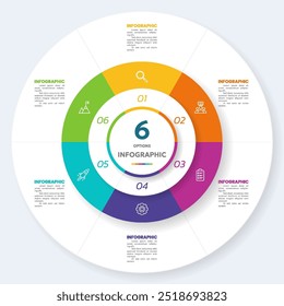 Modelo infográfico de gráfico circular com 6 opções e 6 ícones, ilustração Vetor.