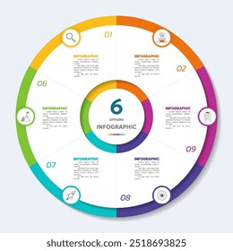 Modelo infográfico de gráfico circular com 6 opções e 6 ícones, ilustração Vetor.