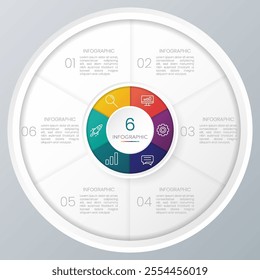 Circle chart infographic template with 6 options for presentations.