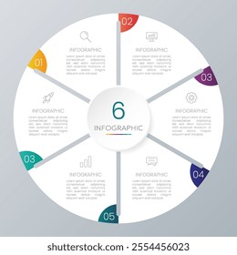 Circle chart infographic template with 6 options for presentations.