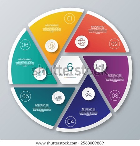 Circle chart infographic template with 6 options for presentations.