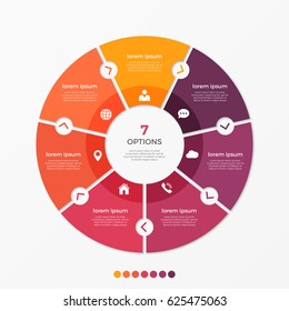 Circle chart infographic template with 7 options for presentations, advertising, layouts, annual reports. Vector illustration.