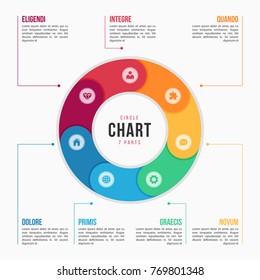 Circle chart infographic template with 7 parts, processes, steps for presentations, advertising, layouts, annual reports. Vector illustration.