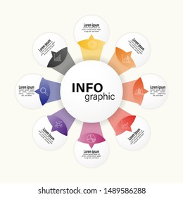 Circle chart infographic template with 8 options for presentations, advertising, layouts, annual reports.