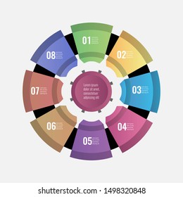 Circle chart infographic template with 8 options for your design. Vector illustration.
