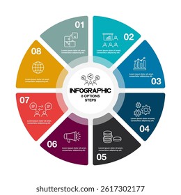 Circle chart infographic template with 8 options for presentations. Vector illustration Eps