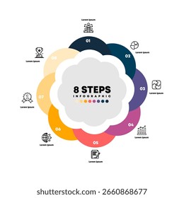 Circle chart infographic template with 8 options for presentations. Vector illustration Eps	