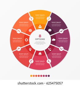 Circle chart infographic template with 8 options for presentations, advertising, layouts, annual reports. Vector illustration.