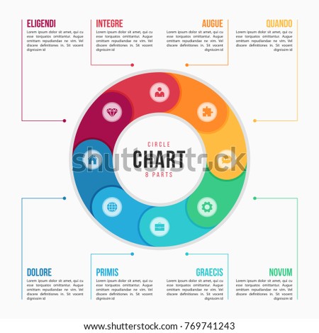 Circle chart infographic template with 8 parts, processes, steps for presentations, advertising, layouts, annual reports. Vector illustration.