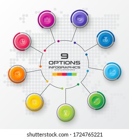 Plantilla de gráfico circular con 9 opciones,Ilustración vectorial.
