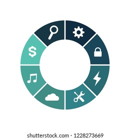 circle chart infographic template with arrows and with 8 options or steps and extra icons for presentations, advertising, layouts, annual reports. Vector illustration isolated on white background.