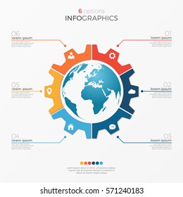 Circle Chart Infographic Template With Globe 6 Options For Presentations, Advertising, Layouts, Annual Reports