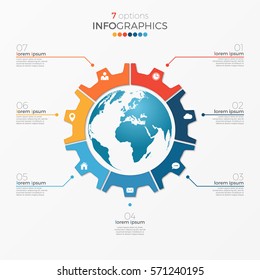 Circle chart infographic template with globe 7 options for presentations, advertising, layouts, annual reports