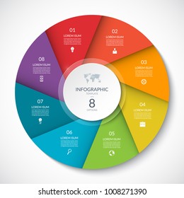 Circle chart for infographics. Vector diagram with 8 options. Can be used for graph, presentation, report, step options, web design.