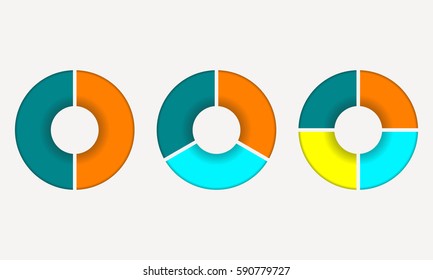 Circle chart. Round pie chart template. Circle infographics concept with 2,3 and 4 steps, parts, levels or options. Colorful vector illustration.