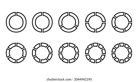 Circle chart section segments set vector diagram segments pie template. Circle segments set. Various number of sectors divide the circle on equal parts. From 1 to 10. Pie chart set. Diagram collection