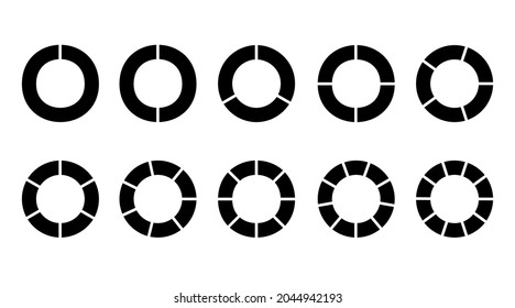 Circle chart section segments set vector diagram segments pie template. Circle segments set. Various number of sectors divide the circle on equal parts. From 1 to 10. Pie chart set. Diagram collection