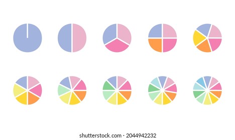 Circle chart section segments set vector diagram segments pie template. Circle segments set. Various number of sectors divide the circle on equal parts. From 1 to 10. Pie chart set. Diagram collection