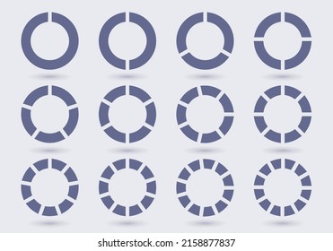 Circle chart section segments set vector diagram segments pie template. Circle segments set. Various number of sectors divide the circle on equal parts. From 1 to 12. Pie chart set. Diagram collection