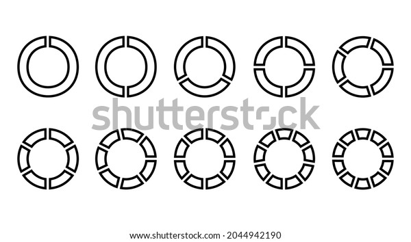 Circle chart section segments set vector\
diagram segments pie template. Circle segments set. Various number\
of sectors divide the circle on equal parts. From 1 to 10. Pie\
chart set. Diagram\
collection
