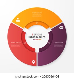 Circle chart template with 3 options. Vector design for infographics, presentations, reports, layouts, projects, visualization. Global swatches.