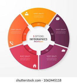 Circle chart template with 5 options. Vector design for infographics, presentations, reports, layouts, projects, visualization. Global swatches.