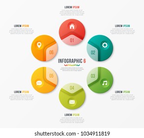 Circle chart template with 6 options. Vector design for infographics, presentations, reports, layouts, projects, visualization. Global swatches.