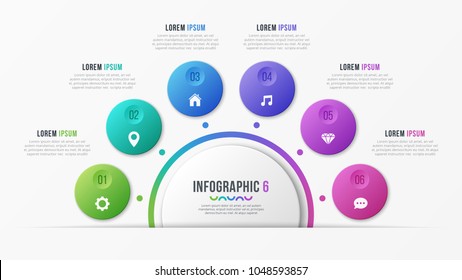 Circle chart template with 6 options. Vector design for infographics, presentations, reports, layouts, projects, visualization. Global swatches.