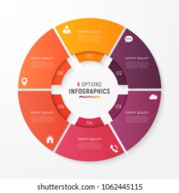 Circle chart template with 6 options. Vector design for infographics, presentations, reports, layouts, projects, visualization. Global swatches.