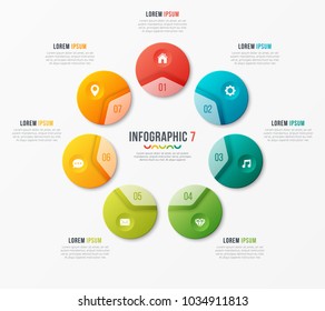 Circle chart template with 7 options. Vector design for infographics, presentations, reports, layouts, projects, visualization. Global swatches.