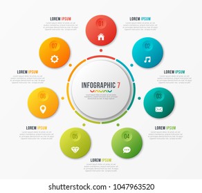 Circle chart template with 7 options. Vector design for infographics, presentations, reports, layouts, projects, visualization. Global swatches.