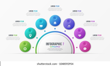 Circle chart template with 7 options. Vector design for infographics, presentations, reports, layouts, projects, visualization. Global swatches.