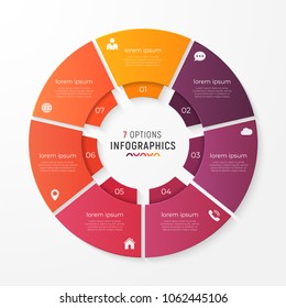 Circle chart template with 7 options. Vector design for infographics, presentations, reports, layouts, projects, visualization. Global swatches.