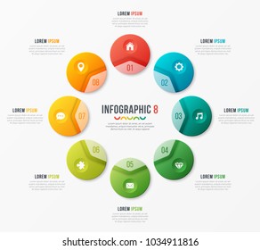 Circle chart template with 8 options. Vector design for infographics, presentations, reports, layouts, projects, visualization. Global swatches.