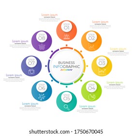 Circle chart template can be used for workflow layout, diagram, number options, web design. Infographic business concept with 8 option, parts, steps or processes. Abstract background.