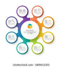 Circle chart template can be used for workflow layout, diagram, number options, web design. Infographic business concept with 8 option, parts, steps or processes. Abstract background.