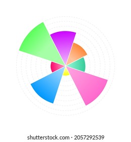 Circle chart template. Wheel diagram with 8 colorful segments of different sizes. Statistical data visualization layout. Business iInfographic design example. Vector illustration.