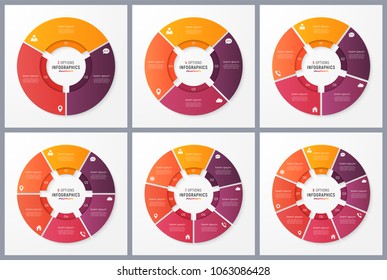 Circle chart templates with 3 4 5 6 7 8 options. Vector design for infographics, presentations, reports, layouts, projects, visualization. Global swatches.