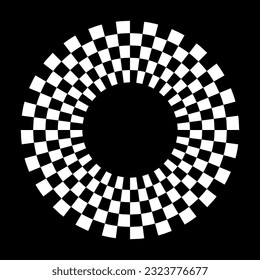Marco de carrera de tablero de ajedrez en círculo, patrón de borde de diseño en espiral, espacio de copia.  Aislado sobre fondo negro. La EPS incluye una muestra de patrones que rellenará sin problemas cualquier forma
