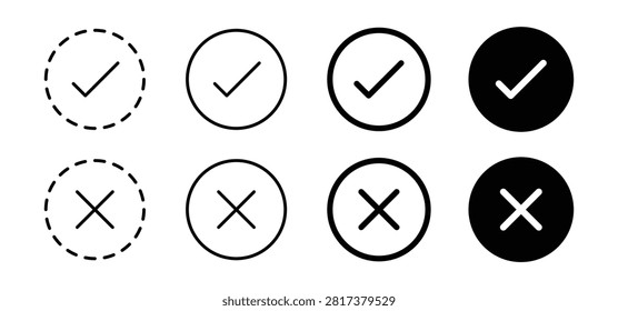 Circle Checkmark and Cross Vector Set, Approved Rejected Success Cancel Status Icon Collection