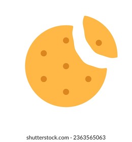 Circle cheese cracker with missing bite isolated on white background. Salted crunchy meal sign flat design. Bitten yellow baked dessert symbol. Healthy breakfast broken cookie vector illustration.