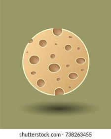 A circle of cheese with holes, casting a shadow on an olive-colored background.