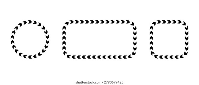 Circle chevron border with dynamic arrow pattern. Rectangle and square frame triangle stripe design creates bold directional motion for warning signs and military rank badges.