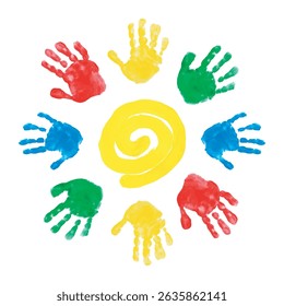 Cirkel van handafdrukken van kinderen. Vectorillustratie van kinderpalmen op een witte achtergrond. Internationale Dag van het Kind. Heldere kleurrijke zon geschilderd met verf. Zon met stralen. Wereldzondag