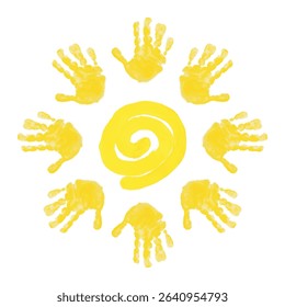 Circle of children's handprints. Vector illustration of chilren's palms on white backgound. International Children's Day. Bright yellow sun painted with paint. Sun with rays. World Sun Day